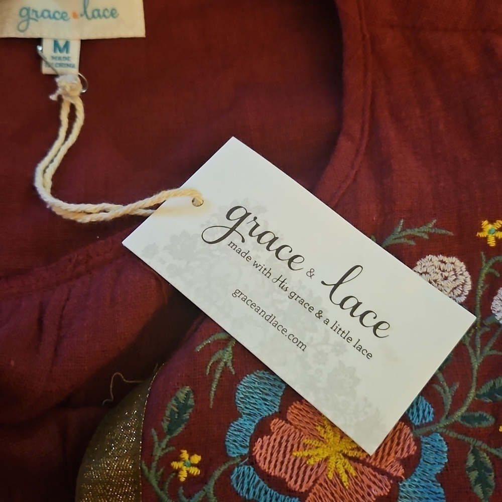 GRACE & LACE Floral Mexican Embroidered Maroon Fringe Long Sleeve Cotton Top - Picture 10 of 12